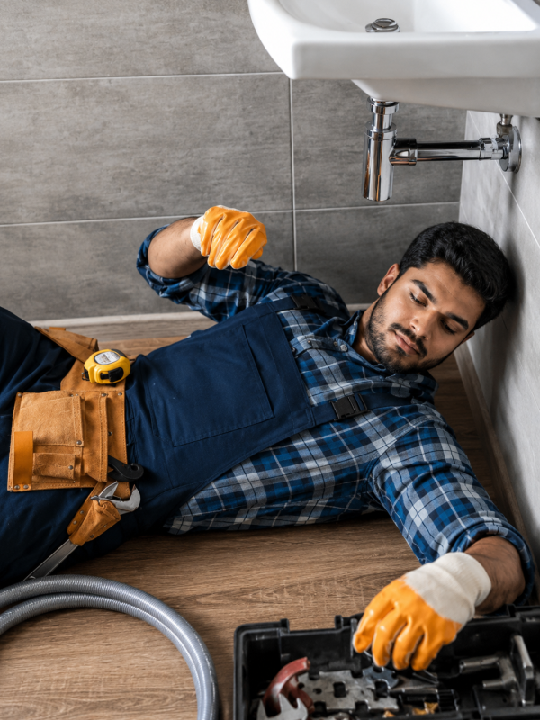 Telugu plumber repairing a bathroom sink underneath the basin with tools and protective gloves.
