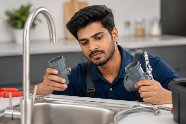 Telugu plumber inspecting sink pipes.