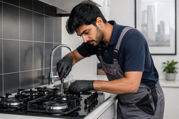 Professional Telugu plumber repairing a gas stove in a modern kitchen using a screwdriver.