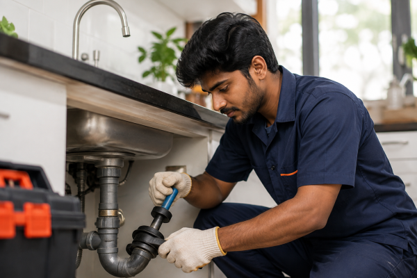 Young Indian plumber repairing kitchen sink pipes.