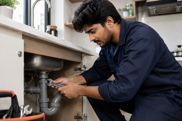 Indian plumber repairing sink.