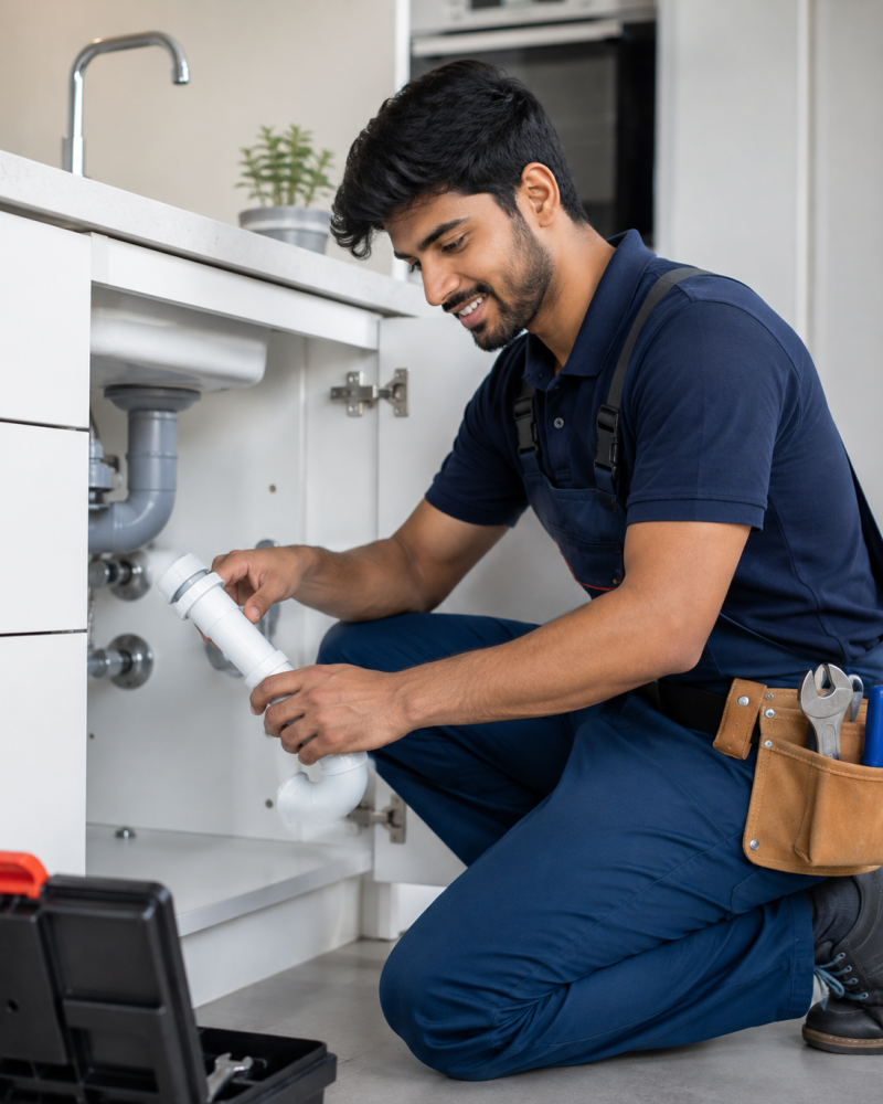 Telugu plumber installing a sink pipe