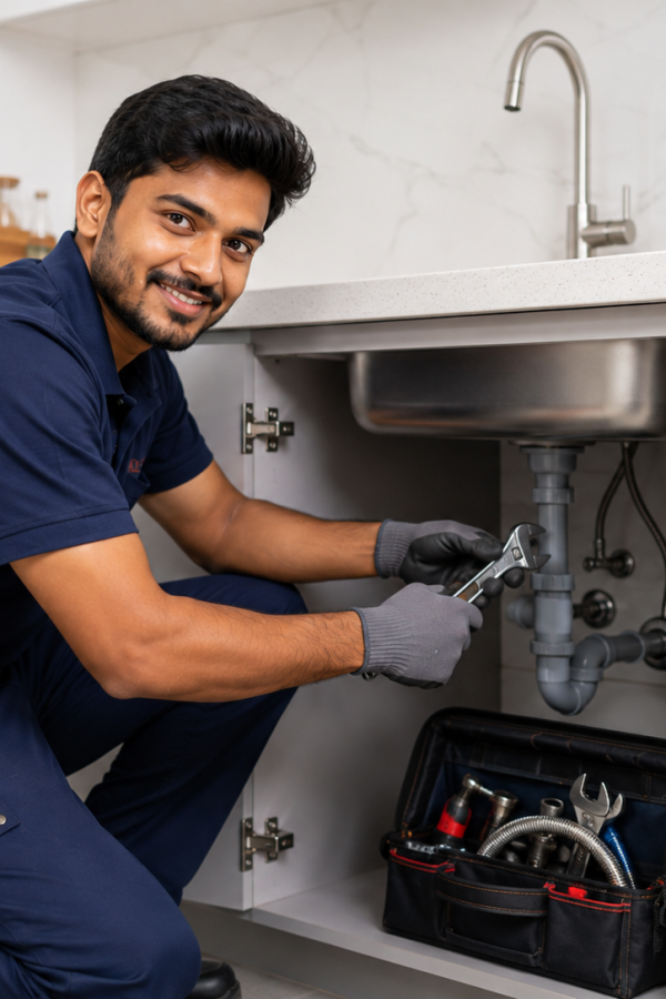 Professional Indian plumber repairing kitchen sink pipes with tools in a modern home.